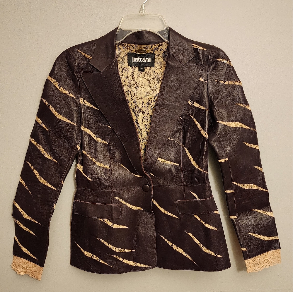 Just Cavalli Leather and Lace Purple Cream Blazer Jacket Size 40 / Size 4